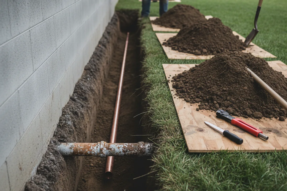 Excavated water line trench during Sewer Line Repair in Sierra Vista
